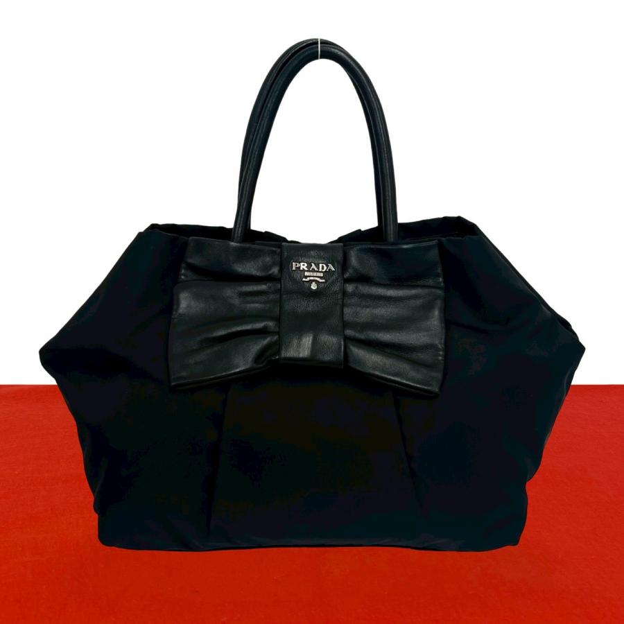 【極美品】PRADA プラダ リボン トートバッグ ナイロン 三角ロゴ 黒 PRADA（プラダ） 極 美品 ロゴ 金具 テスート ナイロン リボン