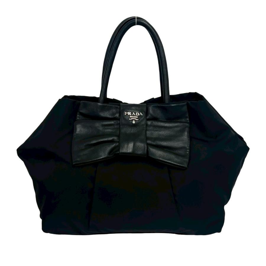 極美品✨プラダ ナイロン リボントートバッグ　ブラック ゴールド金具 白タグ PRADA（プラダ） 極 美品 ロゴ 金具 テスート ナイロン リボン