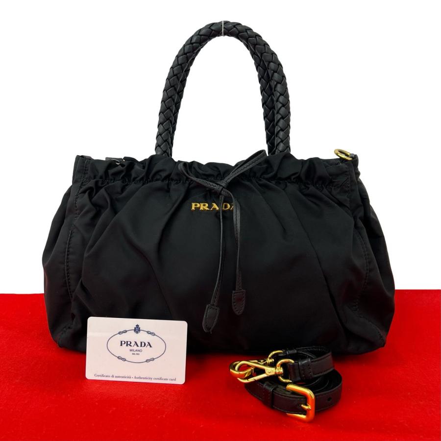 PRADA（プラダ） 極 美品 ロゴ 金具 ロープ ハンドル ナイロン レザー 