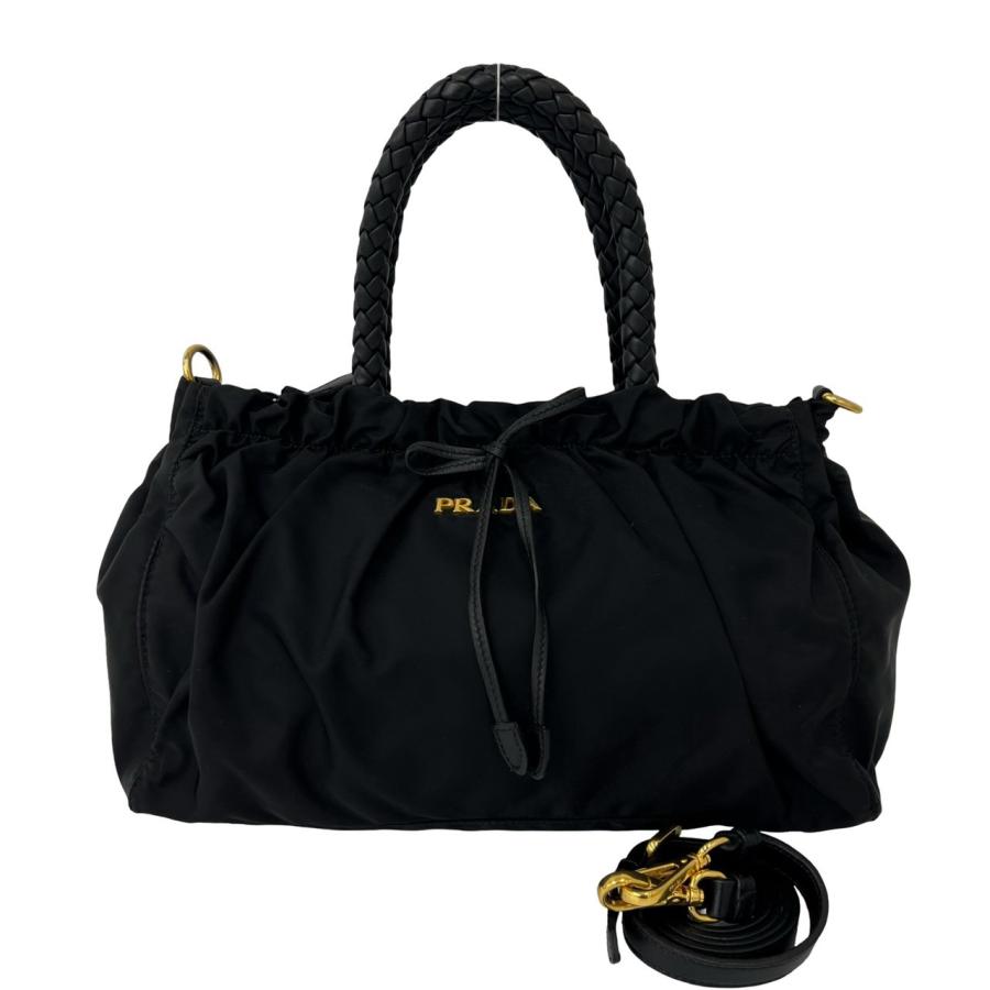 PRADA（プラダ） 極 美品 ロゴ 金具 ロープ ハンドル ナイロン レザー 