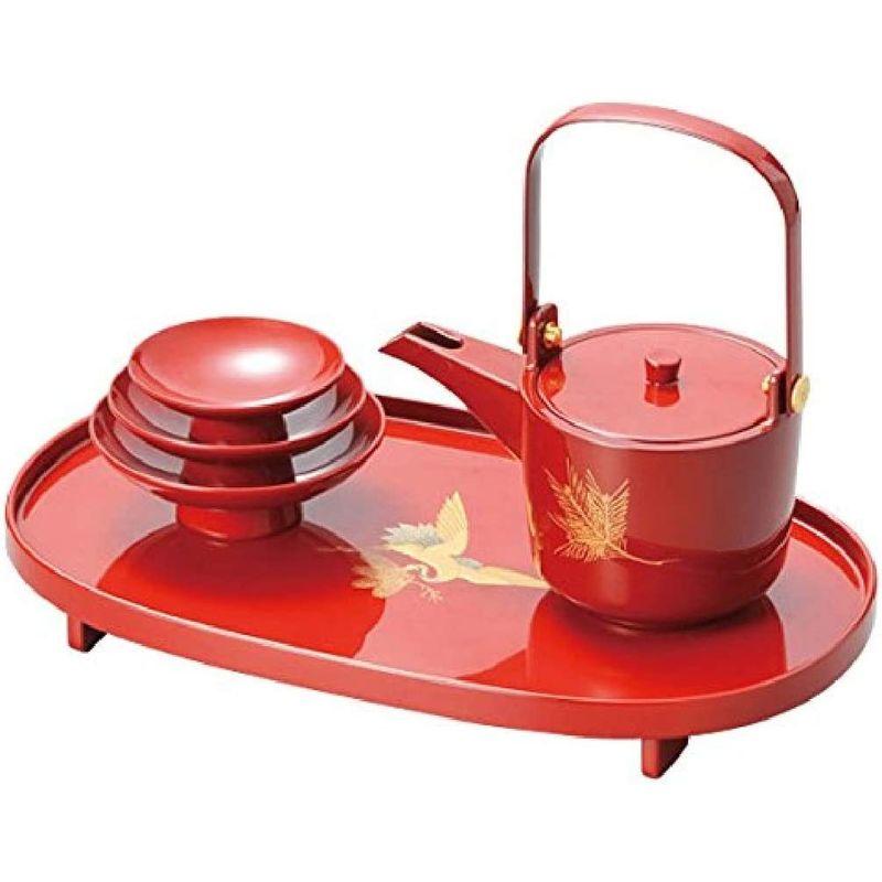 越前塗 越前漆器 松喰鶴 小判屠蘇器 朱 サイズ 台 約31.3×18.0×4.0cm