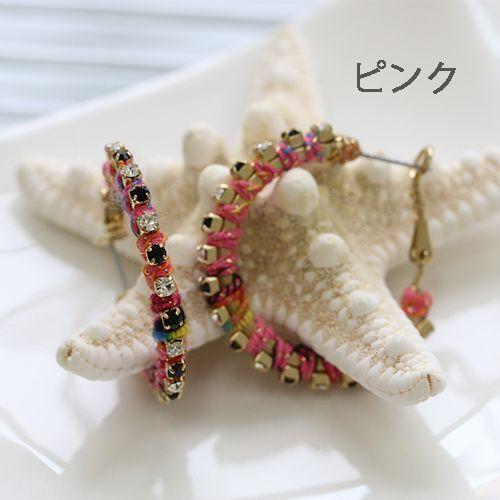 個性派！ 布×ストーン フープピアス ハンドメイド ストーン フープ 