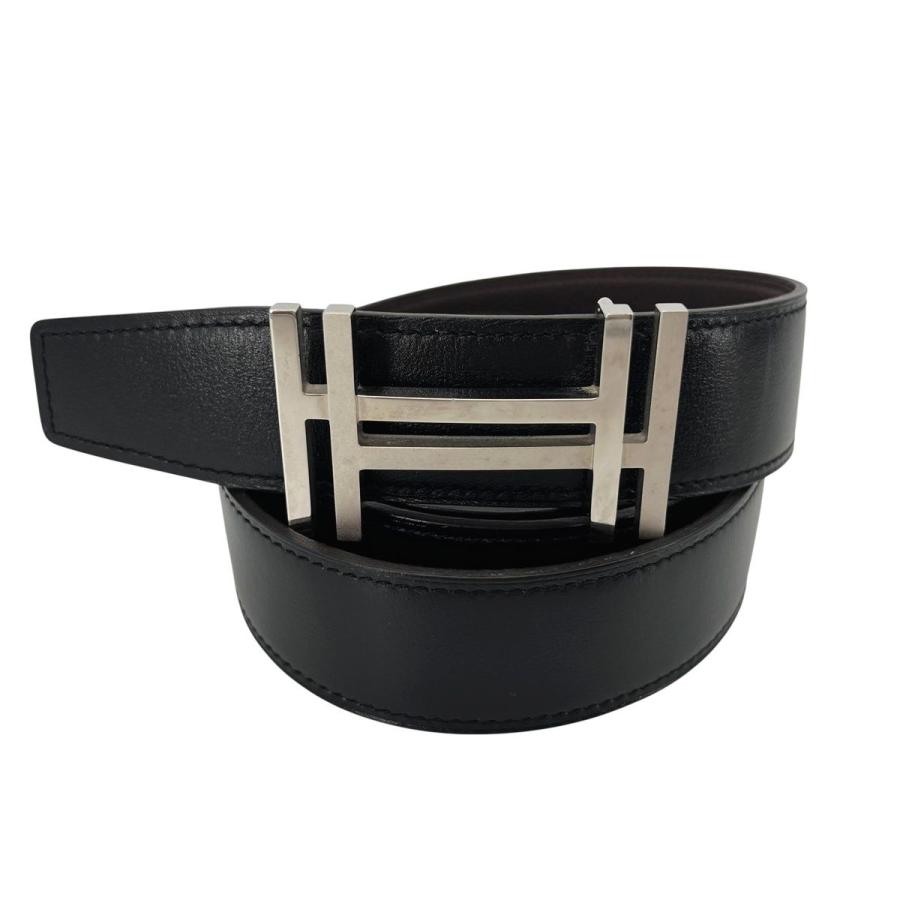 HERMES レザーベルト バックル H オ カ レ #90 シルバー ブラック 最高
