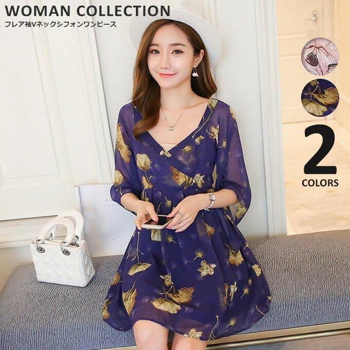 ワンピース レディース 夏 花柄 ミニ ピンク Vネック フレア 超お買い得