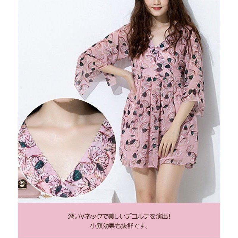 ワンピース レディース 夏 花柄 ミニ ピンク Vネック フレア 超お買い得