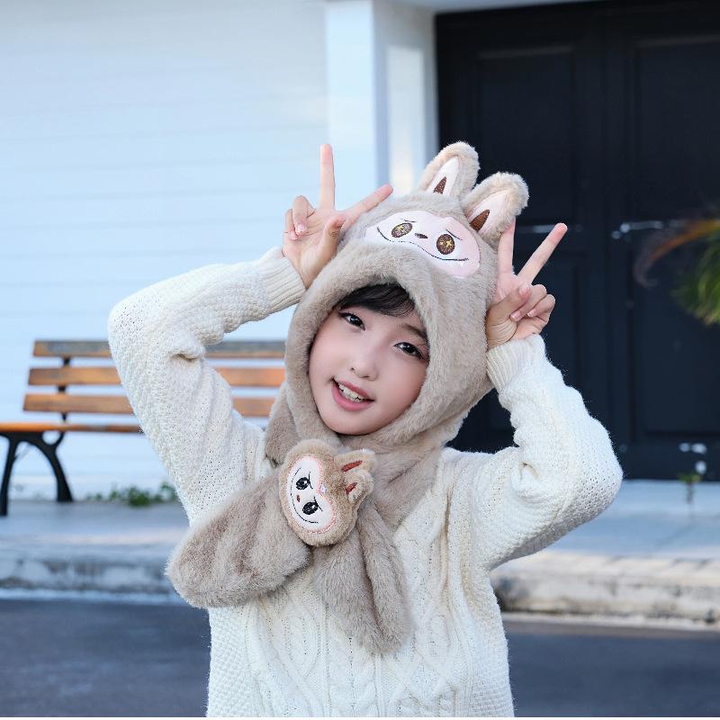 ラブブ 2in1 ニット帽 耳当て 帽子 襟巻き マフラー 子供 大人 男の子