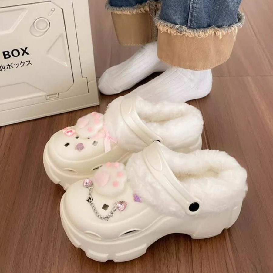 スリッパ もこもこ スリッポン レディース クロックス 猫パンチ 5.5CM