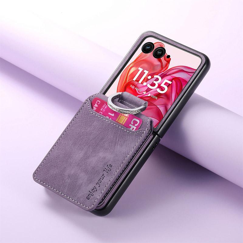 Galaxy Z Flip7 ケース 180度折り畳み可能 スエード調レザー 耐衝撃 複数カード収納 落下防止指リング付き 爆買 | Galaxy Z | 13