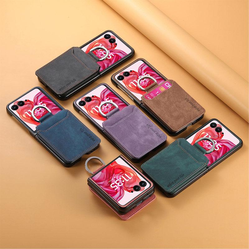 Galaxy Z Flip7 ケース 180度折り畳み可能 スエード調レザー 耐衝撃 複数カード収納 落下防止指リング付き 爆買 | Galaxy Z | 02