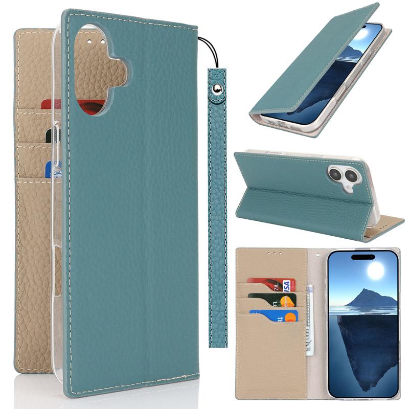 ♪ iPhone16 ケース 手帳型 本革レザー カード収納 スタンド　ブルー iPhone 本革 16 ケース 手帳型 財布型 耐衝撃 ベルト無し