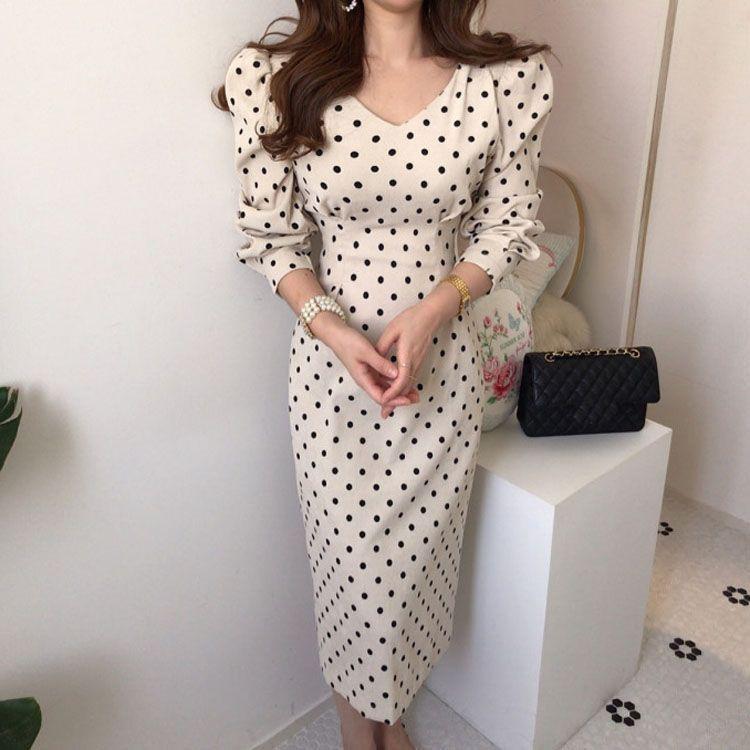 お姫系ワンピース ロングワンピース 水玉 ドット 長袖 Aライン おしゃれ 可愛い 総柄 ワンピース レディース 長袖 ワンピース 秋冬 春 結婚式 マキシ丈 ロング 宅送