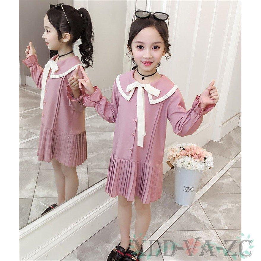 子供服 ワンピース キッズ 女の子 長袖 おしゃれ 春秋 韓国子供服 ジュニア 膝丈ワンピース 折襟 無地 子供ドレス Dress カジュアル 可愛い 小学生 通学着 新品 お見舞い