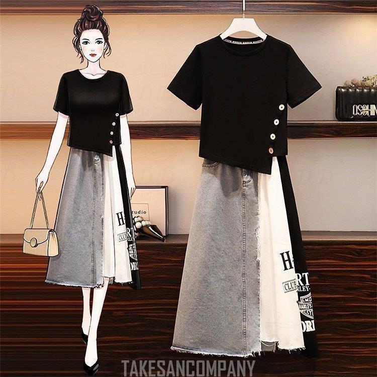 ワンピース ワンピース セットアップ ファッション レディース ｔシャツ デニムスカート 着痩せ おしゃれ 韓国風 レディース 大きいサイズ