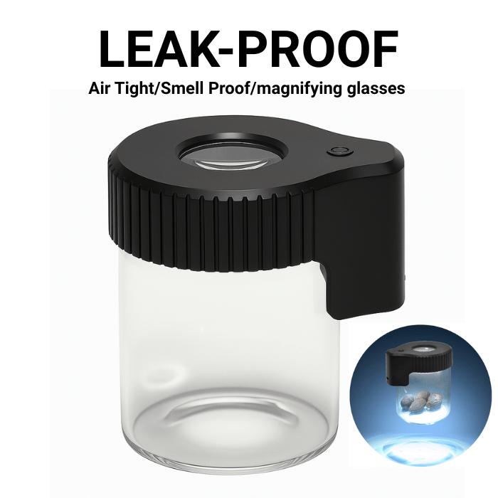 スタッシュジャー LED 拡大 ルーペ付き 高密閉 匂い漏れ防止 保存 容器 ドライハーブ CBD タバコ 葉 シャグ 茶葉 密閉 ガラス ジャー ハーブ コンテナ ケース 瓶 | 