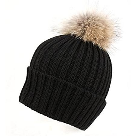 ファッションデザイナー ファー アライグマ リアルラージ ニットファーハット ガールズ レディース ポンポン付きビーニー帽 Size One ブラック ニット帽 ビーニー Www 11thspace Com