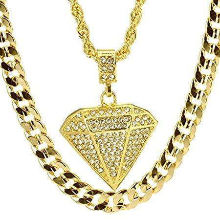 Metaltree98 ヒップホップアイスアウト 14カラットゴールドメッキ ダイヤモンド形状ペンダント 22インチロープチェーン 30インチ凹型キュ