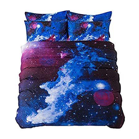 Cliab Galaxy寝具子供少年少女のツインサイズ布団カバーセット5ピース(フィットシート付属) フル ブルー Galaxy sheets ful