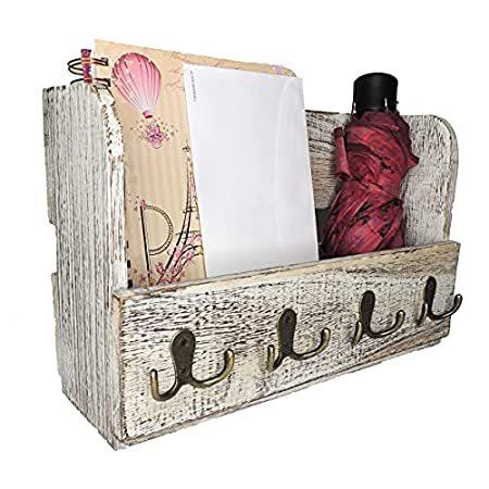 Comfify 木製ウォールマウントメールホルダーオーガナイザー素朴なキーホルダーオーガナイザーウォールマガジンホルダーのための4ダブルキーフックユー