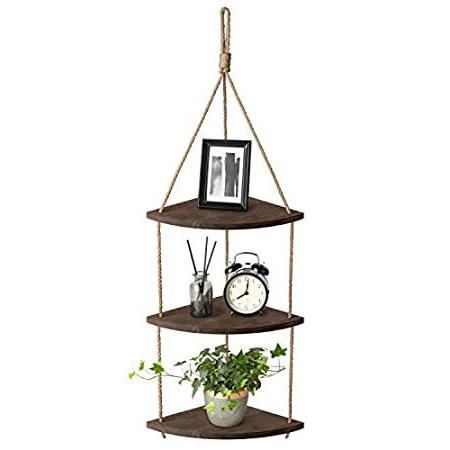 Mkono ハンギングコーナーシェルフ 3段ジュートロープ 木製壁フローティングシェルフ 素朴なオーガナイザー ディスプレイストレージラック ホームイ