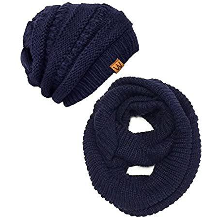 Wrapables Winter Warm Knitted Infinity Scarf and Beanie Hat Set, Navy