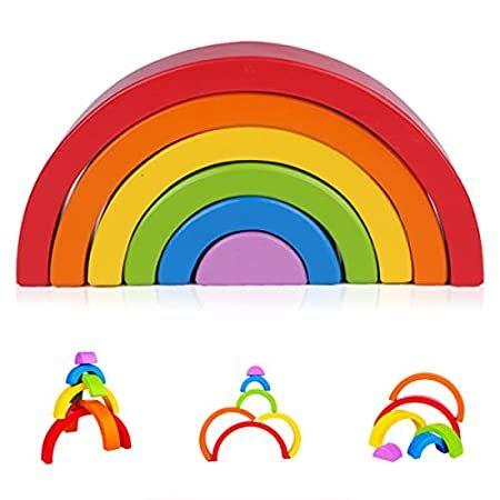 アウトレットで購入 GoodyKing Wooden Toy Rainbow Stacking Toy - 6 Pcs Educational Toy Preschool