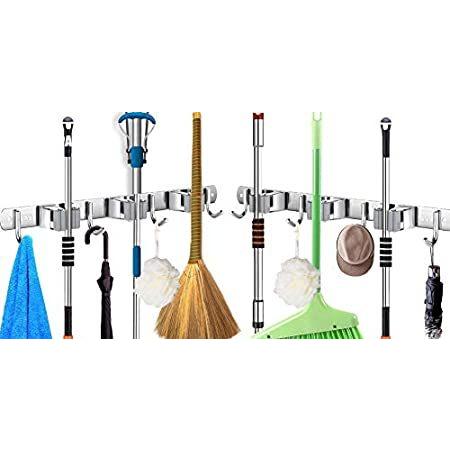 ほうきホルダー 壁マウント 2パック モップホルダー 壁マウント ユーティリティラック3個 フック4個 ほうきモップハンガー オーガナイザー ホルダー