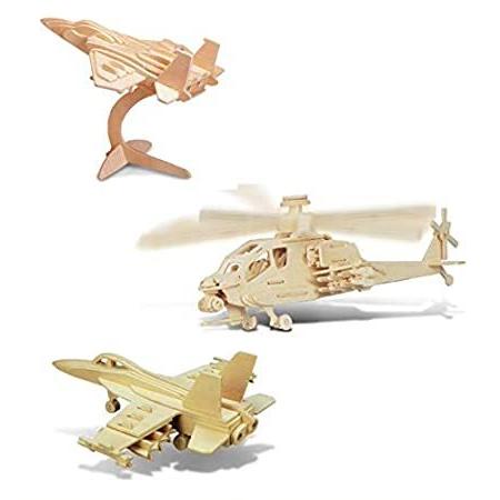 【人気No.1】 Puzzled Bundle of Aircrafts: F-15， Apache， & F-18 Wooden 3D Puzzles Constru