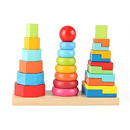 正規品販売！ Qilay Wooden Educational Stacking Toys, Rainbow Three-Column Shape Stacking 知育玩具