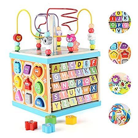 Garlictoys Wooden Baby Activity Cube for 1 2 Year Old Kids， 5 in 1 Multipur