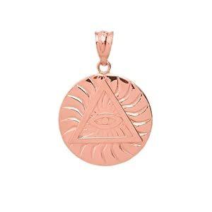 SOLID ROSE GOLD ILLUMINATI ALL SEEING EYE OF PROVIDENCE CIRCLE PENDANT NECK