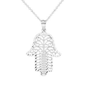 SPARKLE CUT FILIGREE HAMSA PENDANT NECKLACE IN WHITE GOLD - Gold Purity:: 1