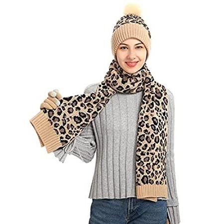 海外の商品・並行輸入品を安心安全にお届けいたします！Mens Womens Winter Leopard Beanie Hats Scarf Touch Screen Gloves Set,Knit H