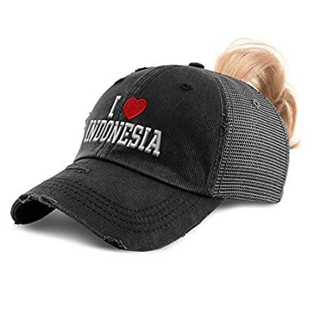 Womens Ponytail Cap I Love Indonesia I Love Cotton Distressed Trucker Hats
