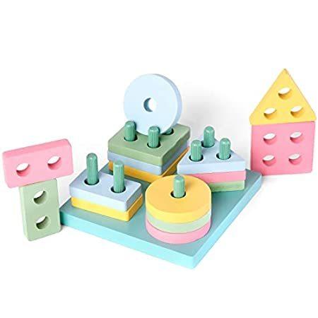 激安直営店 Geometric Stacker Montessori Wooden Blocks， 1-3 Years Old Toddlers， Improve