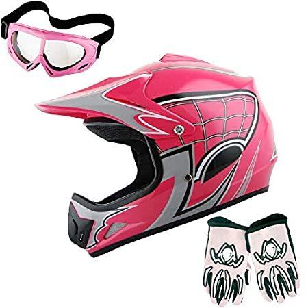 特別価格WOW ユースモトクロスヘルメット BMX MX ATV ダートバイク ヘルメット スパイダーウェブ ピンク + ゴーグル + マーシャン ピンク グ好評販売中 BMX用