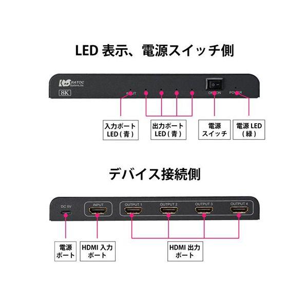 ラトックシステム 8K対応 1入力4出力 HDMI分配器 1つの映像信号をモニター4台に出力可能 8K60Hz/4K120Hz対応 RS-HDSP4-8K_5