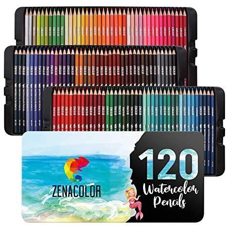 定番のお歳暮 水彩色鉛筆120色、番号付き、筆付き、Zenacolor社メタルボックス 水彩色鉛筆セット、水溶性24色、描画材料、大人用塗り絵、アーティスト - 色鉛筆
