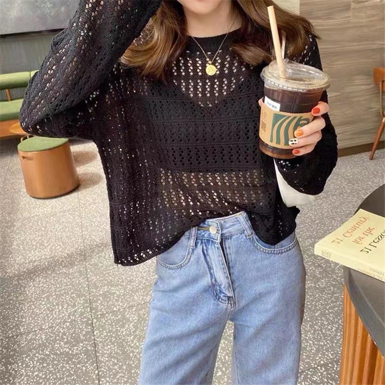 サマーニット レディース 透かし編み 長袖 春 秋 夏 カギ編み ラウンド