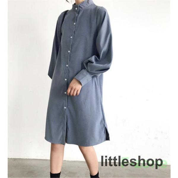 シャツワンピース レディース ロング丈 膝丈 パフスリーブ 長袖 シャツ ワンピース 春 夏 春服 夏服 きれいめ ゆったり チュニック トップス｜littleshop｜19