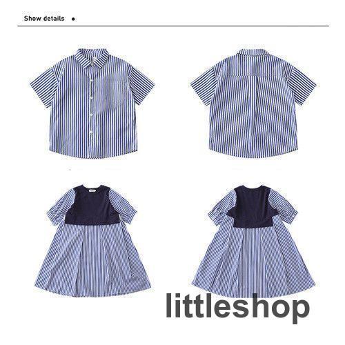 親子 ペアルック シャツ ペア ワンピース ブルー 夏服 親子コーデ 親子 ペアｔシャツ 半袖 コーデ 夏 シャツ 家族 お揃い tシャツ ブランド 大人 子供 お揃い 親｜littleshop｜02