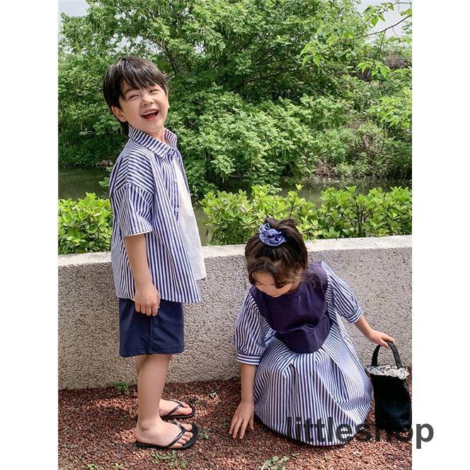 親子 ペアルック シャツ ペア ワンピース ブルー 夏服 親子コーデ 親子 ペアｔシャツ 半袖 コーデ 夏 シャツ 家族 お揃い tシャツ ブランド 大人 子供 お揃い 親｜littleshop｜08