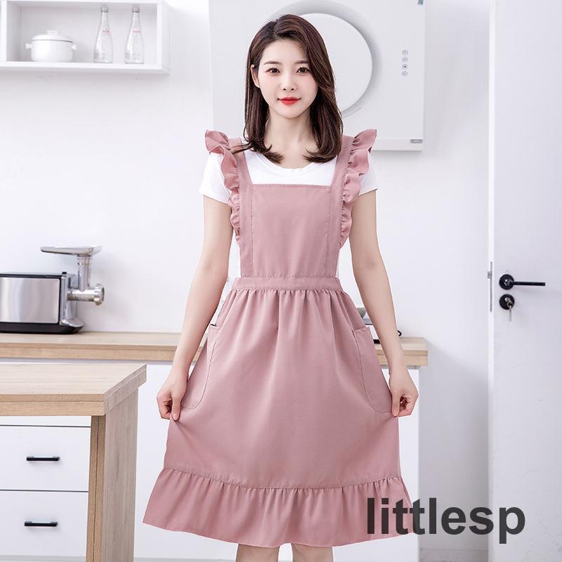 ♥Woody の奥様は魔女的なフリルが可愛いロングドレスなエプロンです エプロン ロング 綿 ドレス X型 フリル 姫 メイド ポケット