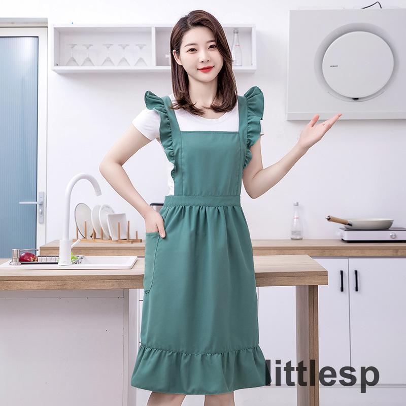 ♥Woody の奥様は魔女的なフリルが可愛いロングドレスなエプロンです エプロン ロング 綿 ドレス X型 フリル 姫 メイド ポケット