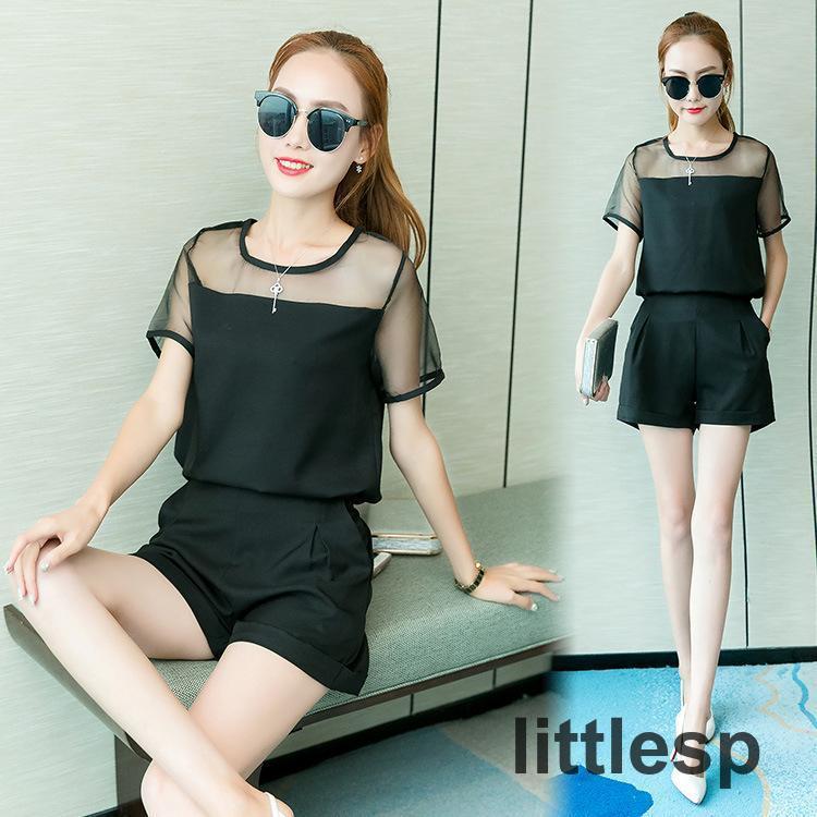 【JENNE】半袖トップス3点セット セットアップ シースルー切替 半袖トップス ショートパンツ 上下