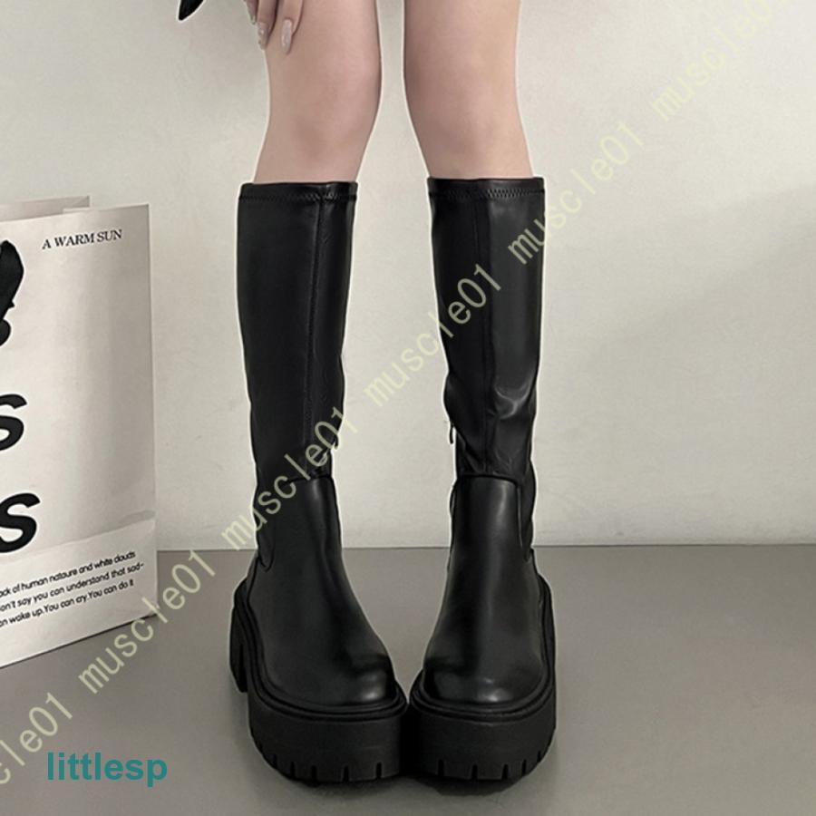 厚底牛革レディースバイク用ロングブーツ 厚底 ストレッチ ロング ブーツ レディース バイクブーツ 大きいサイズ
