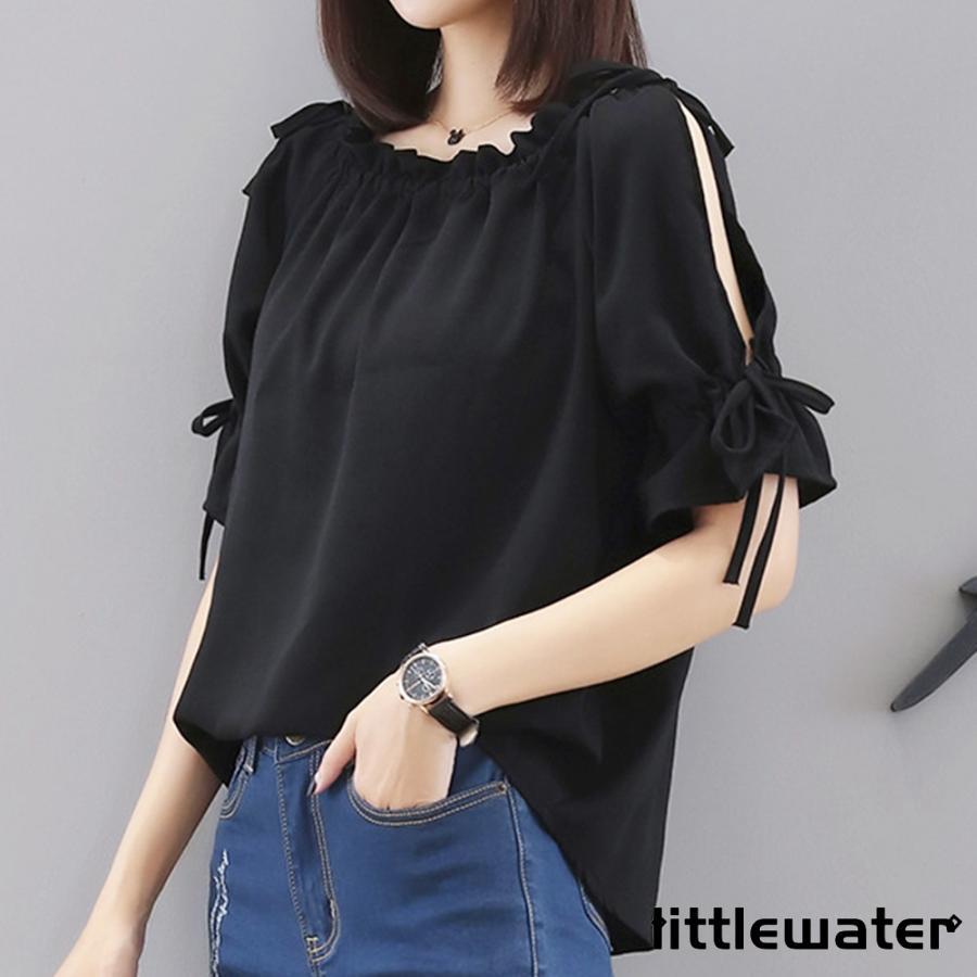 紐付きオフショルダーブラウス レディース トップス 五分袖 半袖