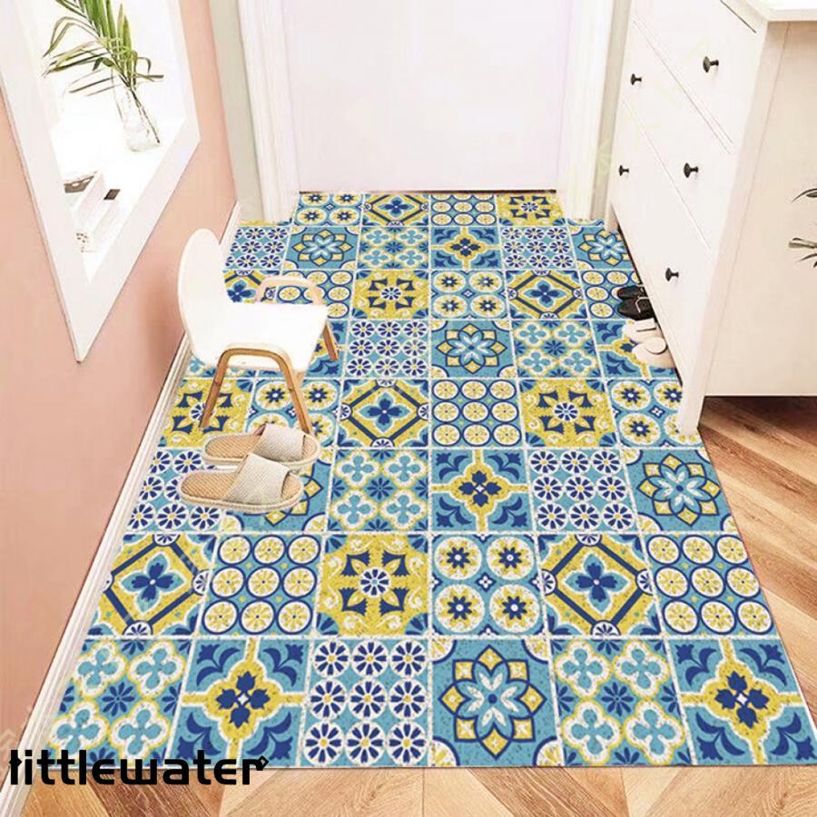 ラグカーペット ダイニングラグ 撥水 モロッコ タイル ブルー