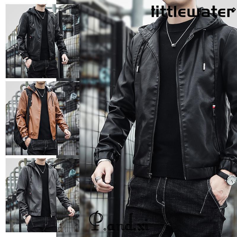 レザー フード付き メンズ パーカー PU革ジャン ライダース シンプル