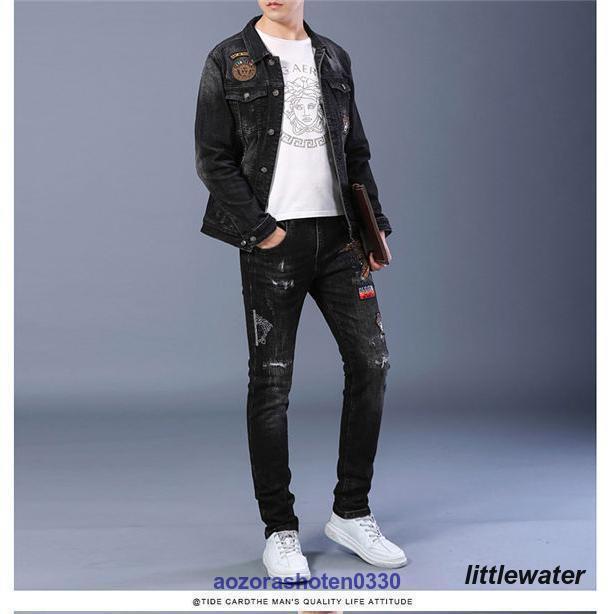 スーピマデニムジャケット　セットアップ デニムジャケット 刺繍ジャケット メンズ セットアップ ジャージ