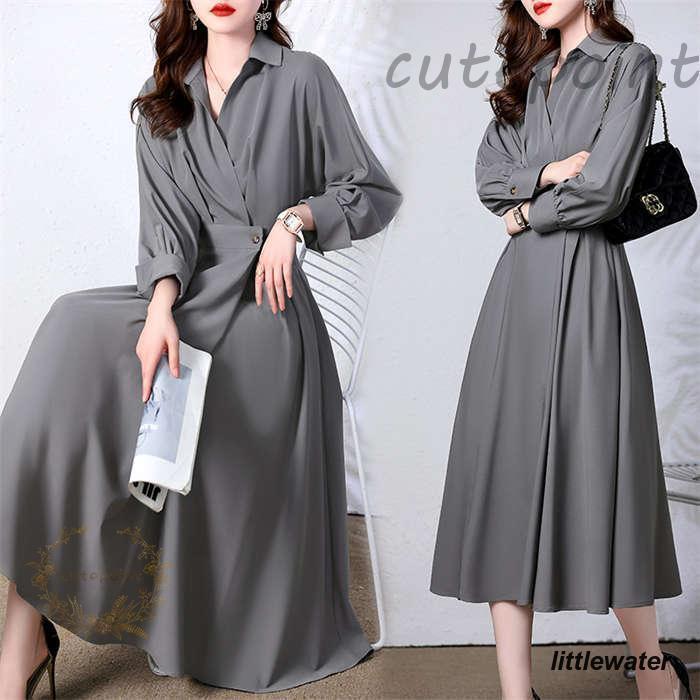 ワンピース レーディス Aライン Vネック 長袖 シャツワンピ ロング